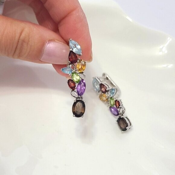 Vintage Boho Sterling Silver Colourful Rainbow Crystal Flower Drop Long Earrings - Picture 7 of 10